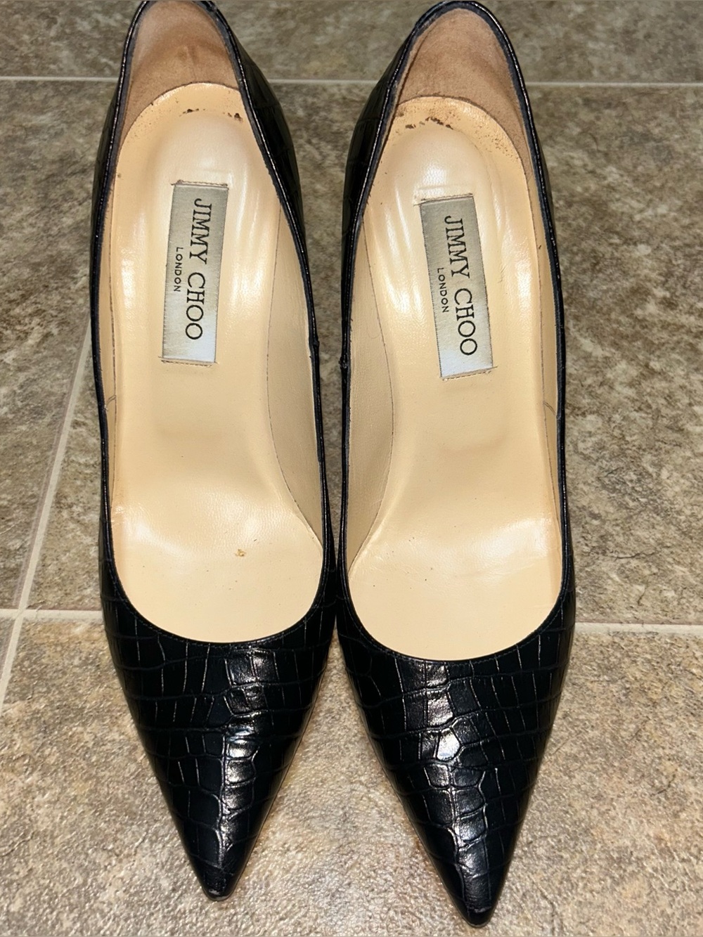 Jimmy Choo Black Croc-Embossed Pointed Toe Heels